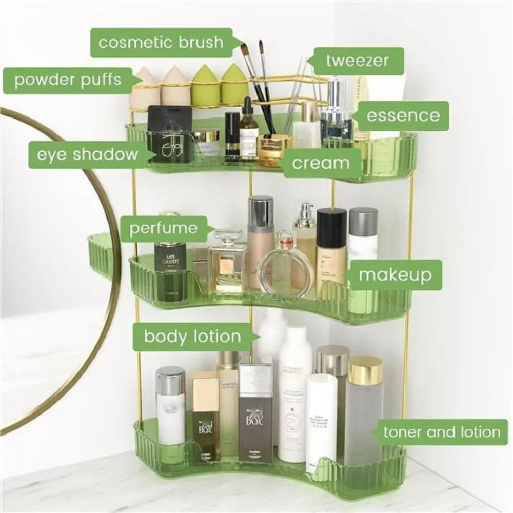 Green 3 tier corner makeup organizer with brush holder vanity storage shelf